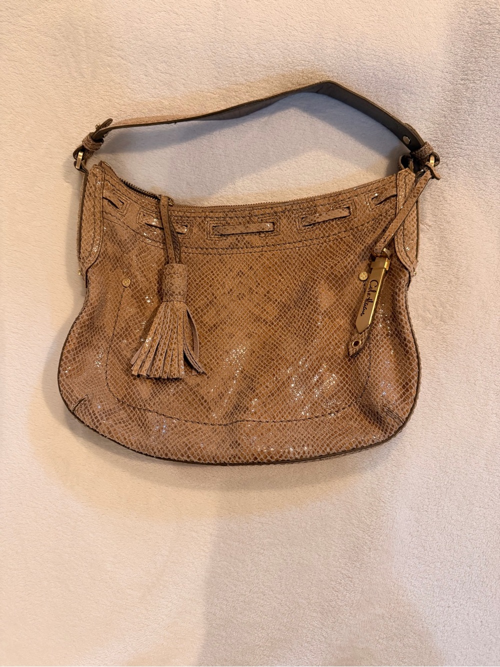 Cole Haan tan Snake-Embossed hobo Shoulder Bag with Tassel and gold hardware